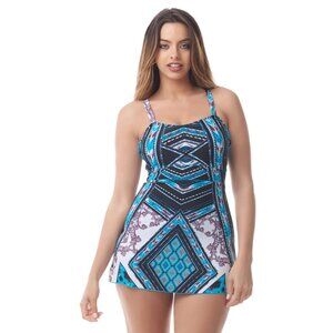 Sea & Sand Beachwear Swimdress Molded Cups Geometric Blue White 10